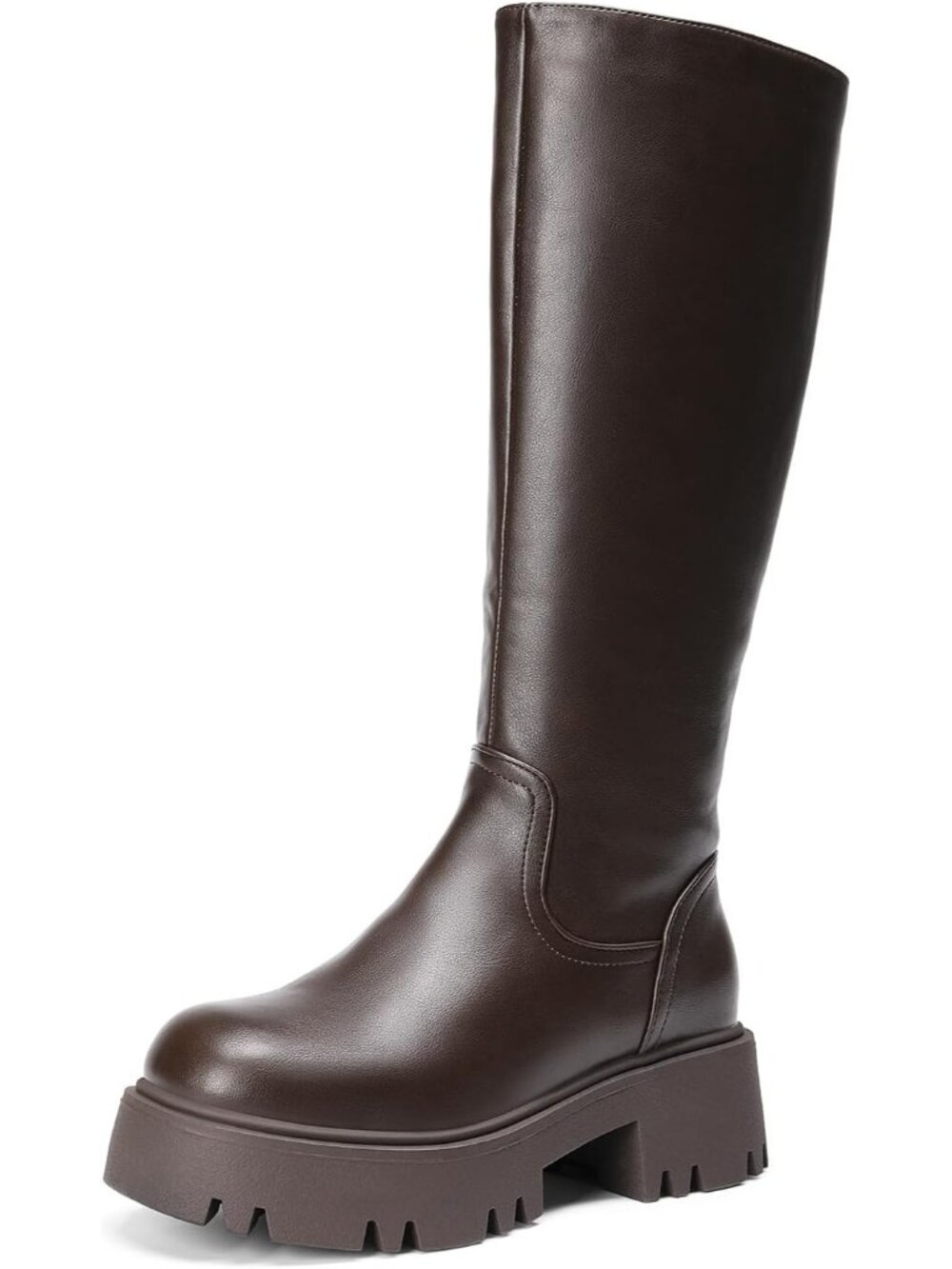 Dream Pairs Women's Brown Round Toe Side Zipper Platform Chunky Knee High Boots